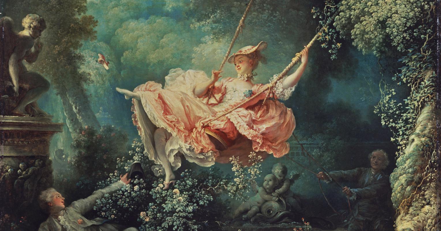 An 18th century oil painting depicting a woman gayly swinging over a floral bush as her shoe flies off. The man beneath her is falling onto the base of an angel statue. There is another man farther behind her, holding ropes attached to the swing to help push her.